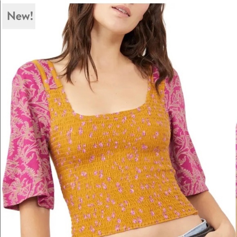 NWOT Free People Marigold Mix Print Smocked Top